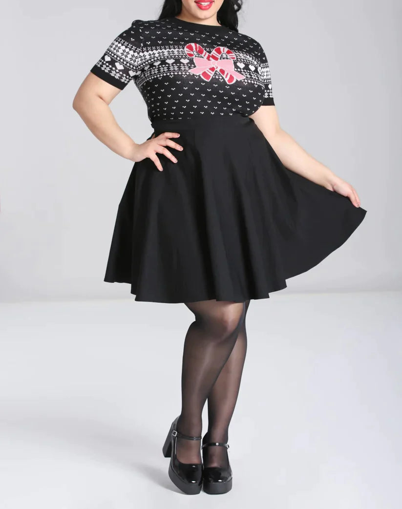 Rosepromos vintage fitted top with black and white jacquard candy cane and bow artwork – festive retro knit for pin-up winter outfits